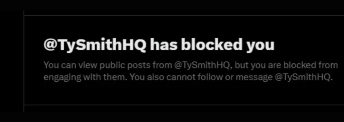 X message showing @TySmithHQ has blocked you